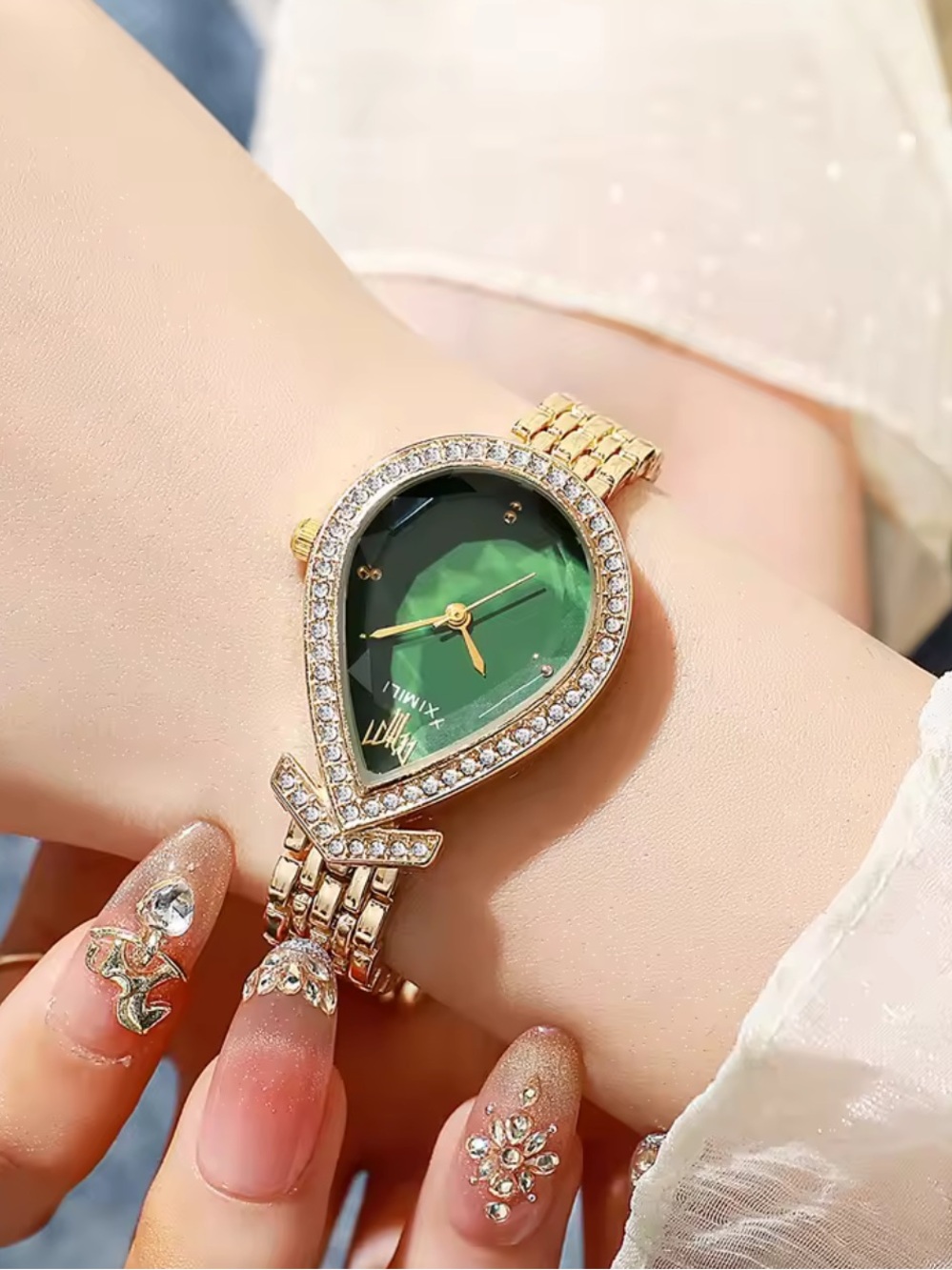 Nordstrom Gold-Tone Watch with Green Teardrop Crystal Dial